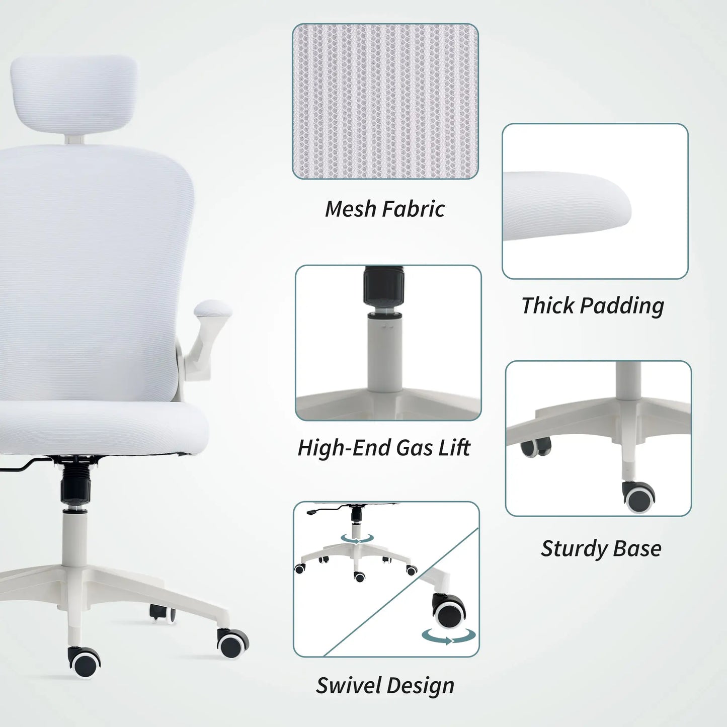 Mesh Office Chair, Adjustable Headrest, 4D Lumbar Support, Flip-Up Arms, White Office Chairs at Gallery Canada