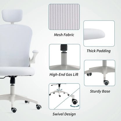 Mesh Office Chair, Adjustable Headrest, 4D Lumbar Support, Flip-Up Arms, White Office Chairs at Gallery Canada