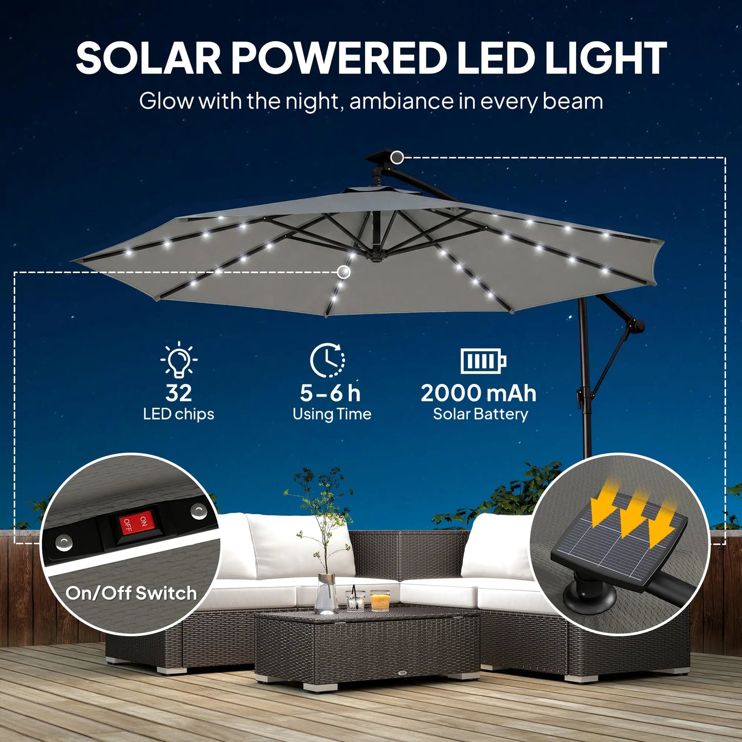 9.7 ft Cantilever Patio Umbrella, Solar Light, Tilt Crank, Grey Offset Cantilever Umbrellas at Gallery Canada