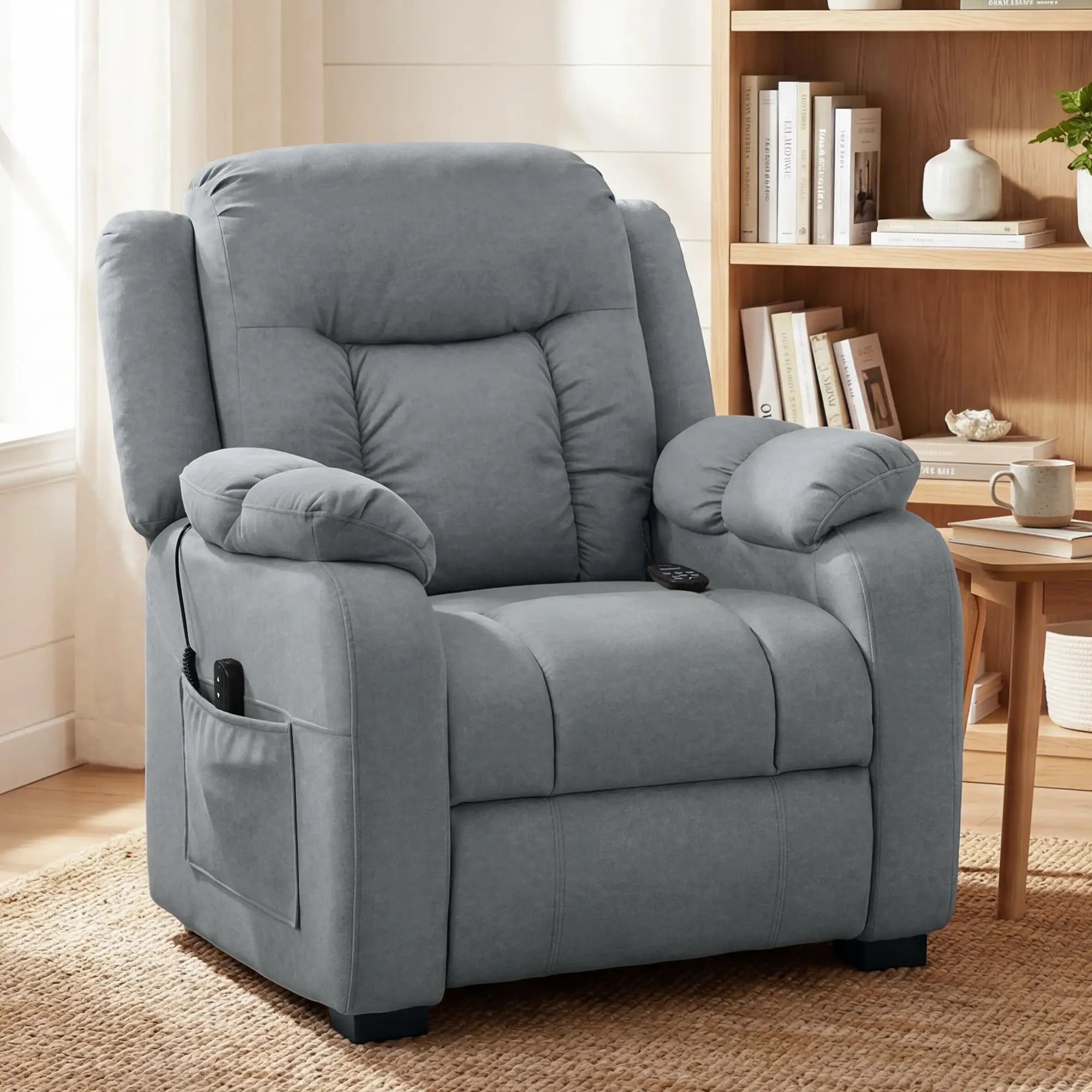 Massage Recliner Chair, Quiet Brushless Motor, Pet-Friendly Fabric, 2 Memory Positions, Grey Single Sofas at Gallery Canada