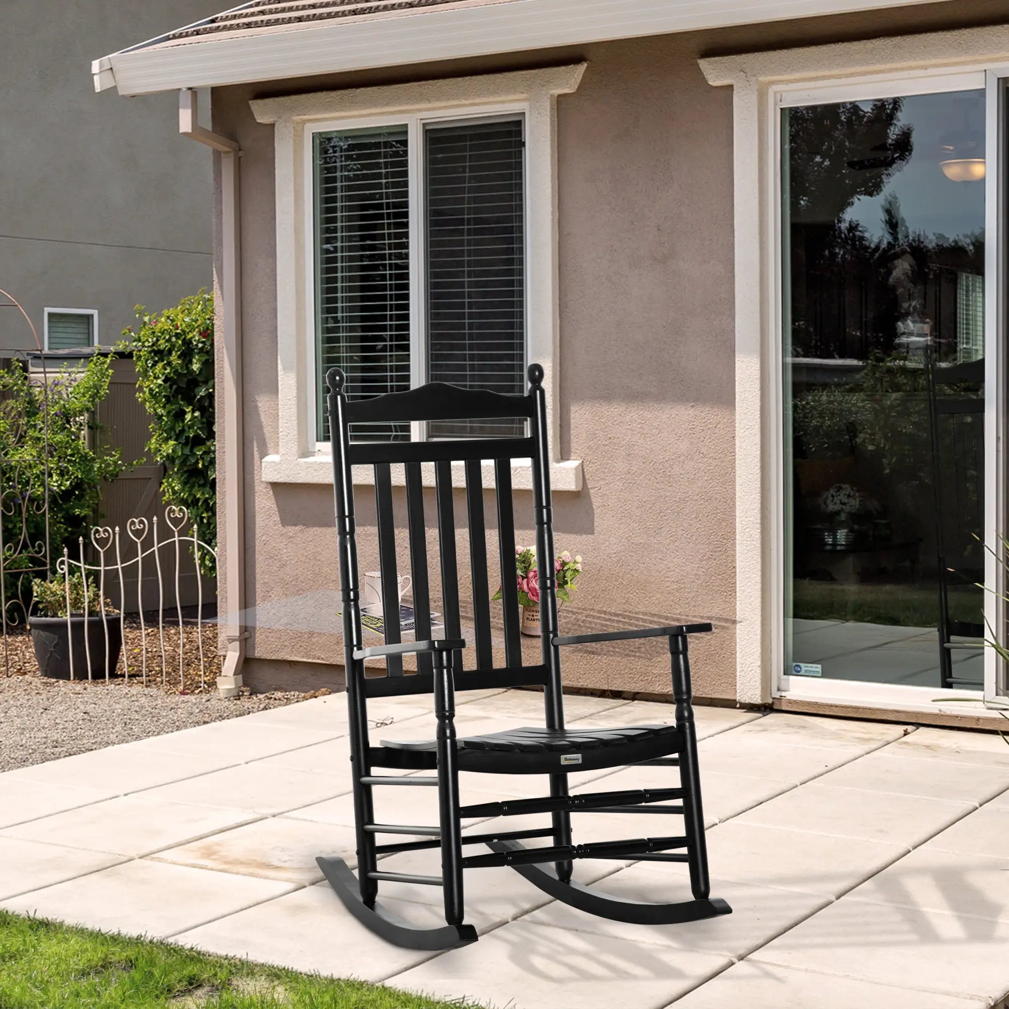 Wooden Outdoor Rocking Chair, Slatted High Back, Armrests, Black Outdoor Rocking Chairs at Gallery Canada
