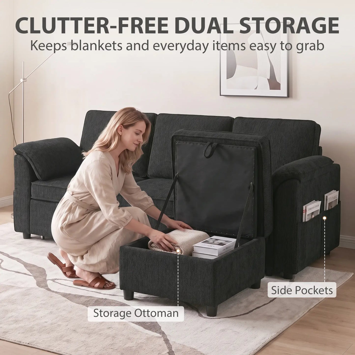 Reversible Sectional Sofa Bed With Storage Ottoman, Black