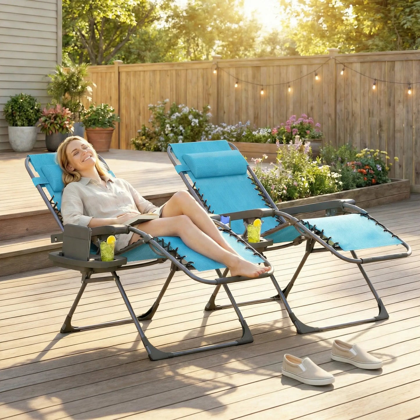 Folding Reclining Outdoor Lounge Chair, Set of 2, Sky Blue Lounger Chairs at Gallery Canada