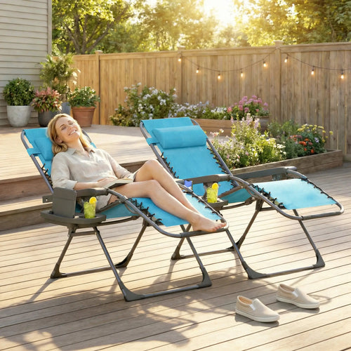 Folding Reclining Outdoor Lounge Chair, Set of 2, Sky Blue