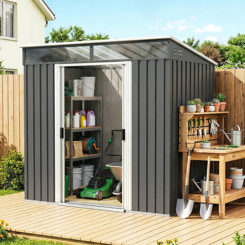 6.5x4FT Galvanised Metal Shed, Foundation Kit, Lockable Garden Storage, Sliding Doors, Vents, Grey