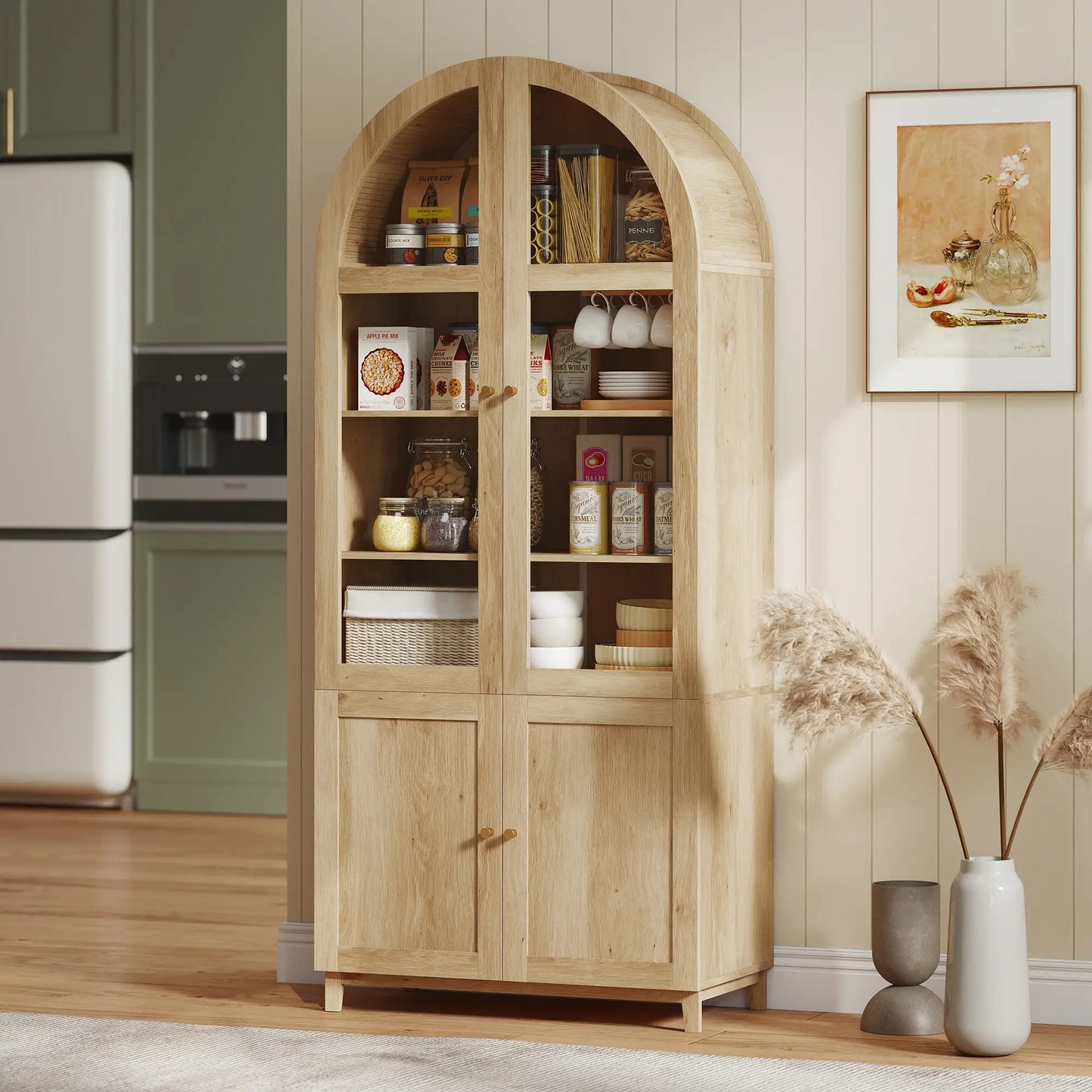 71" Tall Arched Kitchen Pantry Cabinet, Adjustable Shelves, Acrylic Doors, Oak Kitchen Pantry Cabinets at Gallery Canada