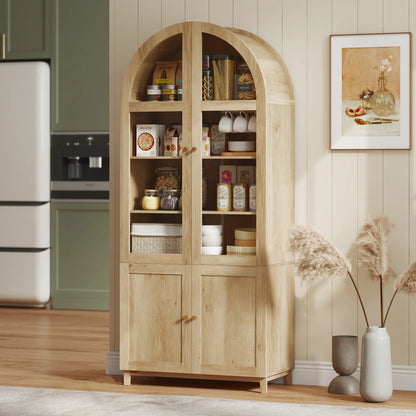 71" Tall Arched Kitchen Pantry Cabinet, Adjustable Shelves, Acrylic Doors, Oak Kitchen Pantry Cabinets at Gallery Canada
