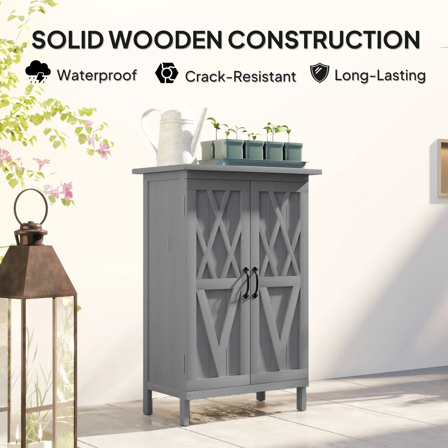 Outdoor Wooden Storage Cabinet, 2-Tier Shelves, Metal Tabletop, Grey Sheds at Gallery Canada