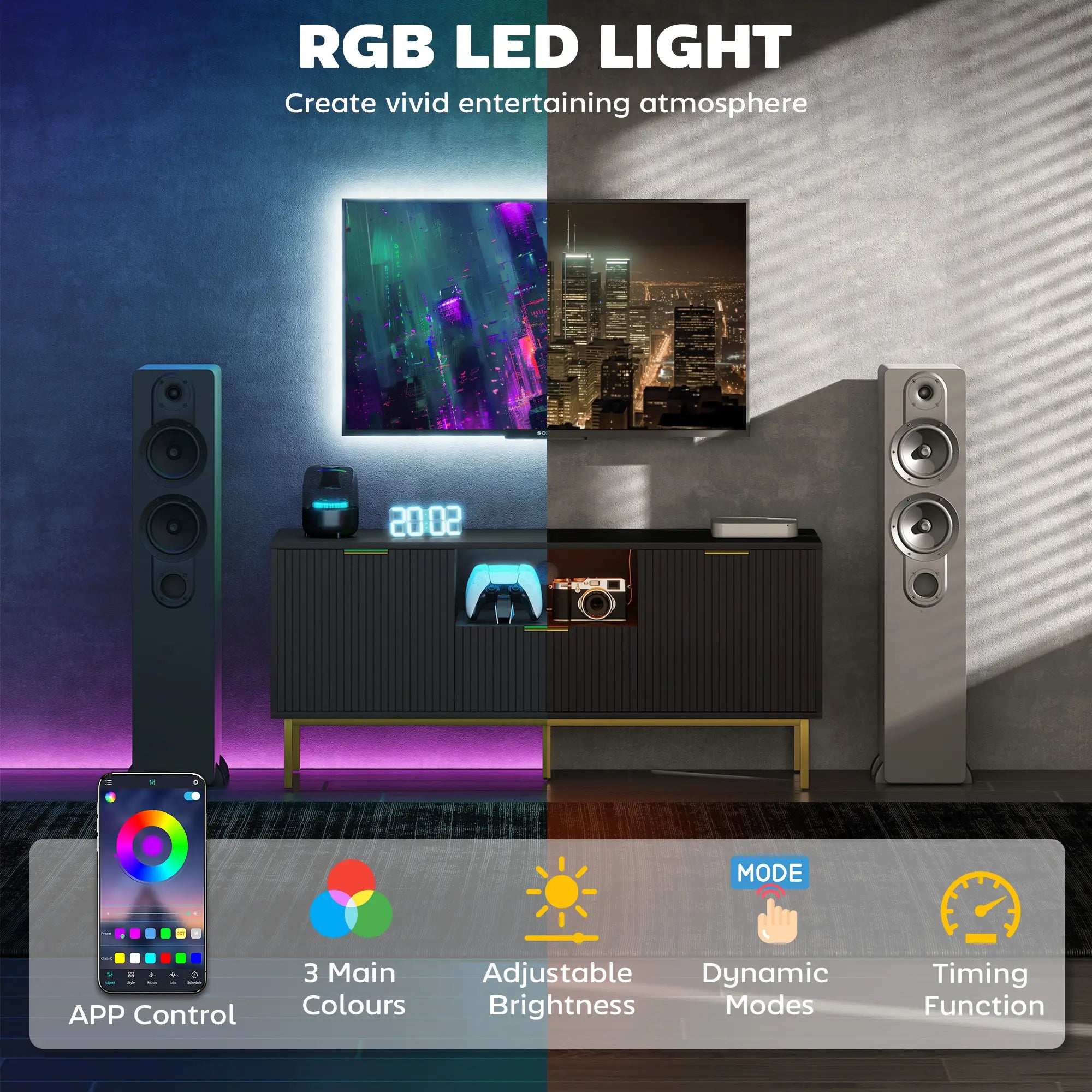 Modern TV Console For 40 Inch TVs, Smart RGB LED Lights, Soft Close Doors, Black TV Stands at Gallery Canada