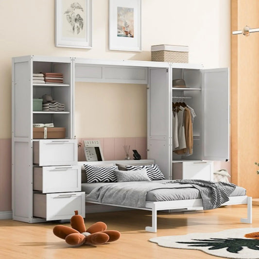 Murphy Bed with Storage, Space-Saving Wall Bed, 120" L x 20" W x 88.5" H, White Bed Frames White at Gallery Canada
