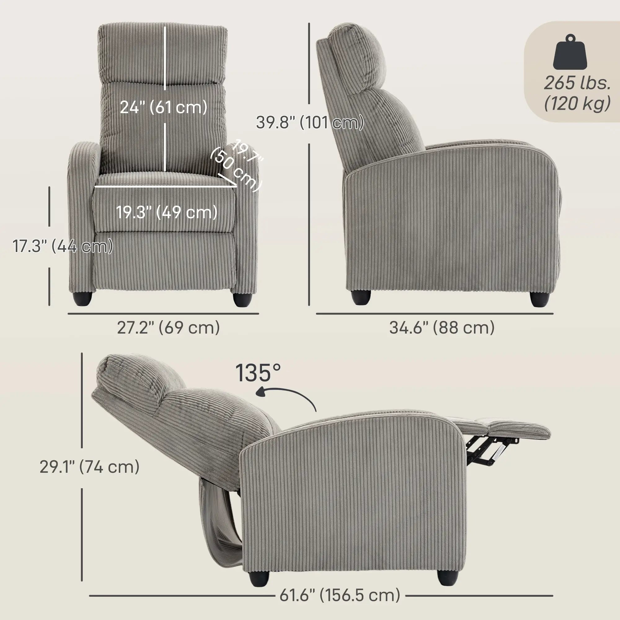 Corduroy Push Back Recliner Chair with Padded Seat, Grey Single Sofas at Gallery Canada