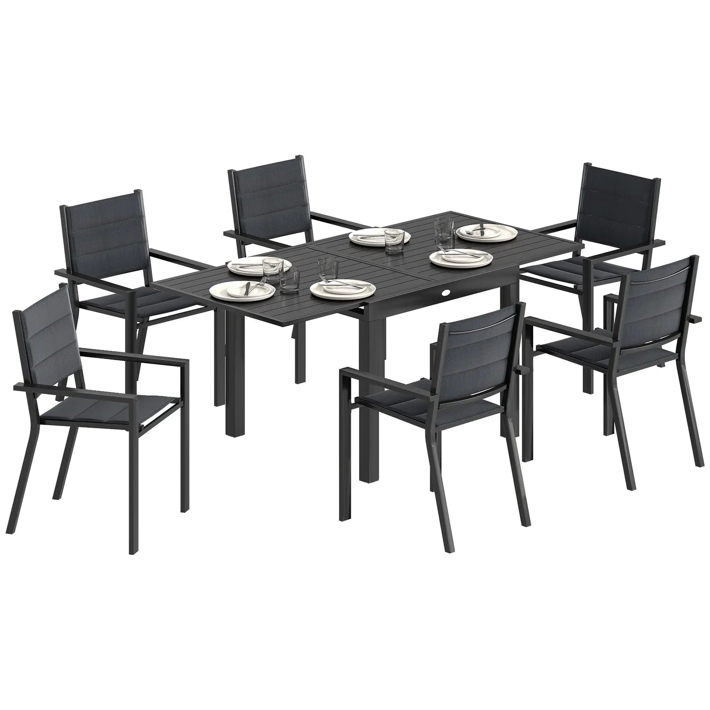 Aluminum Expandable Outdoor Dining Set, 6 Stackable Chairs, Black Outdoor Dining Sets at Gallery Canada