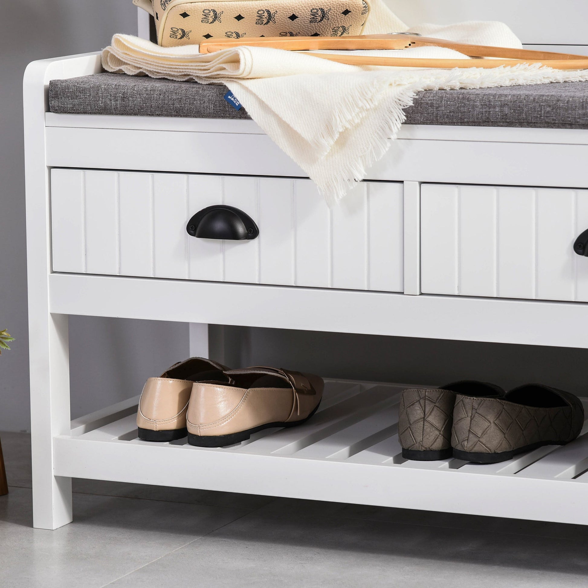 Clothing Storage, Coat Stand, Shoe Storage Bench Organizer with Coat Hanger, Drawers Padded Seat Cushion for Entryway Hallway Foyer Bedroom Living Room White at Gallery Canada