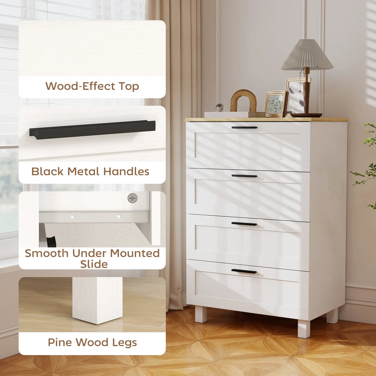 4 Drawer Dresser, Solid Wood Legs, White Storage Cabinets at Gallery Canada