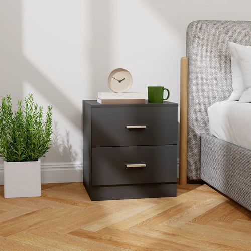 Modern Bedside Table, 2 Drawers, Nightstand for Bedroom, Black