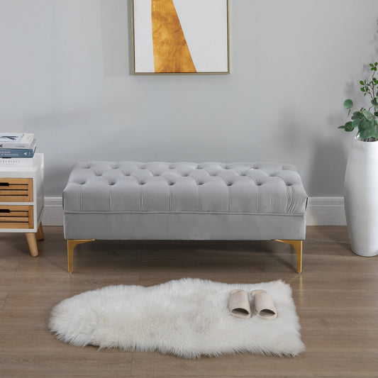 Velvet Upholstered Bench, End of Bed Bench, Entryway Shoe Bench with Button Tufted for Living Room, Bedroom, Grey - Gallery Canada