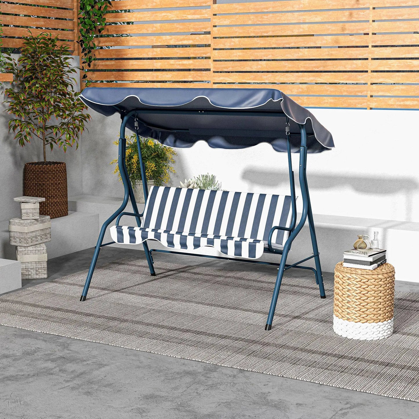 Outdoor Porch Swing, Adjustable Canopy, 3-Seater with Cushion, Blue Patio Swings with Stand at Gallery Canada