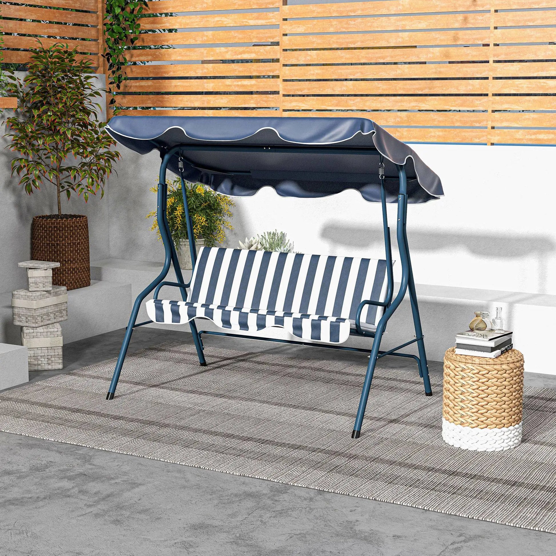 Outdoor Porch Swing, Adjustable Canopy, 3-Seater with Cushion, Blue Patio Swings with Stand at Gallery Canada