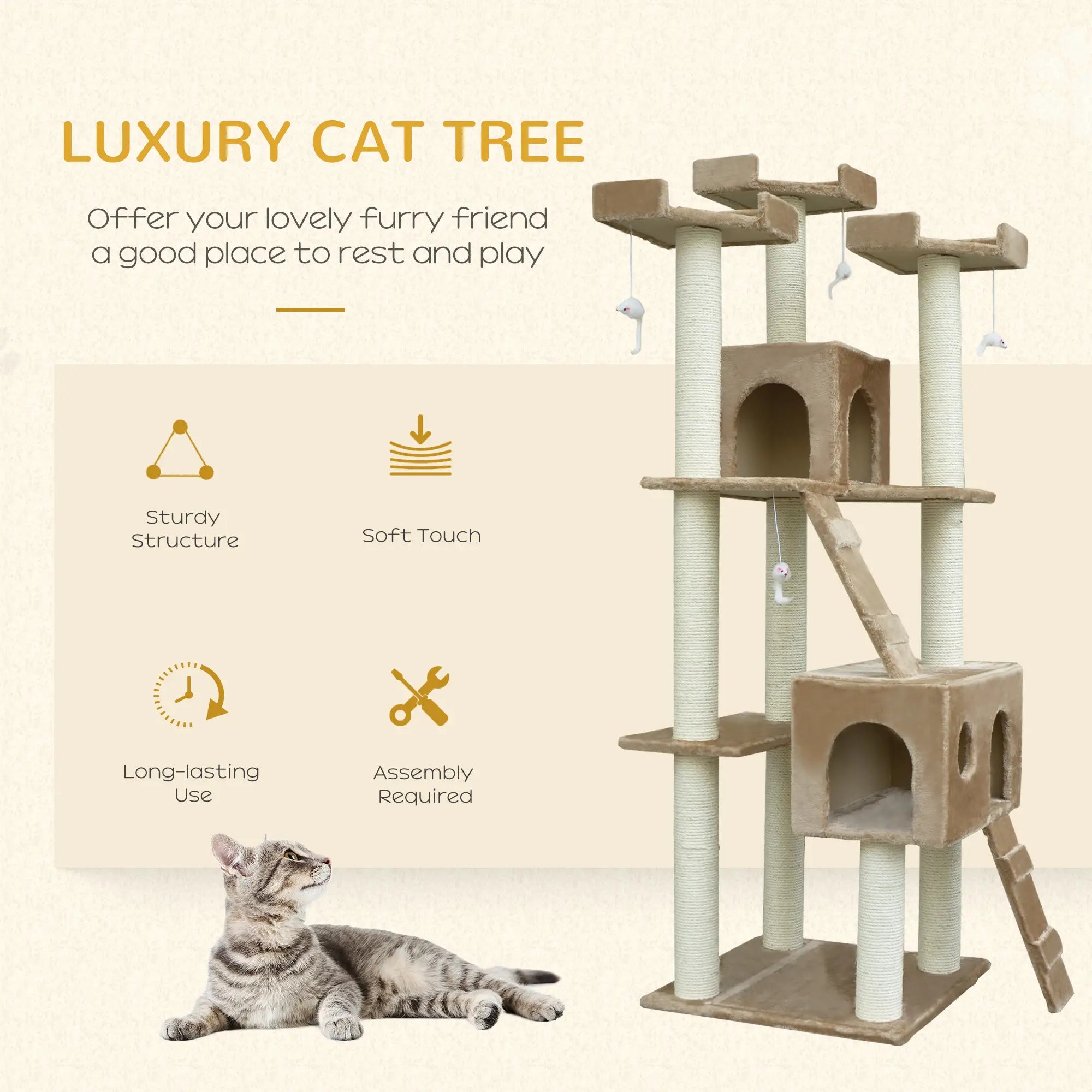 71-Inch Cat Tree, Pet Tower with Scratch Post, Condo, Beige Cat Towers at Gallery Canada