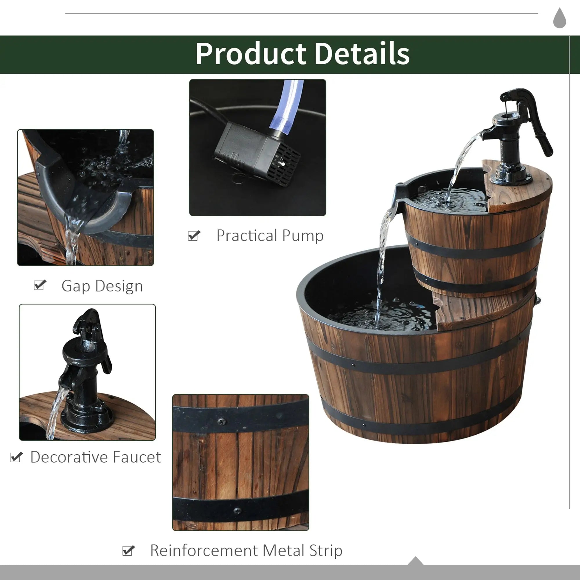 2-Tier Wooden Barrel Water Fountain, Electric Pump, Outdoor Indoor Decor Water Fountains at Gallery Canada