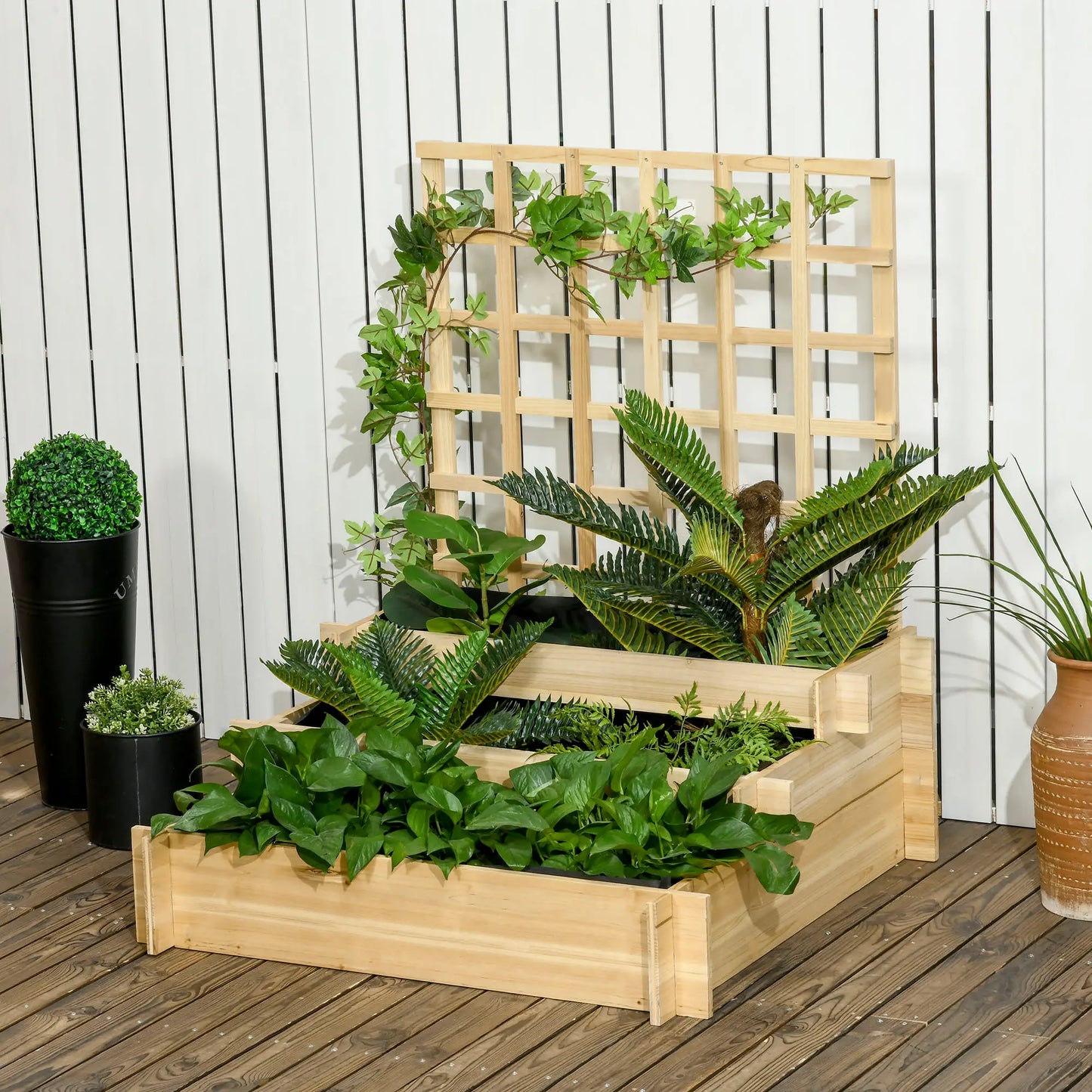 Wooden Elevated Planter Box with Trellis, 3 Tier Garden Bed, Outdoor, Natural Raised Garden Beds at Gallery Canada