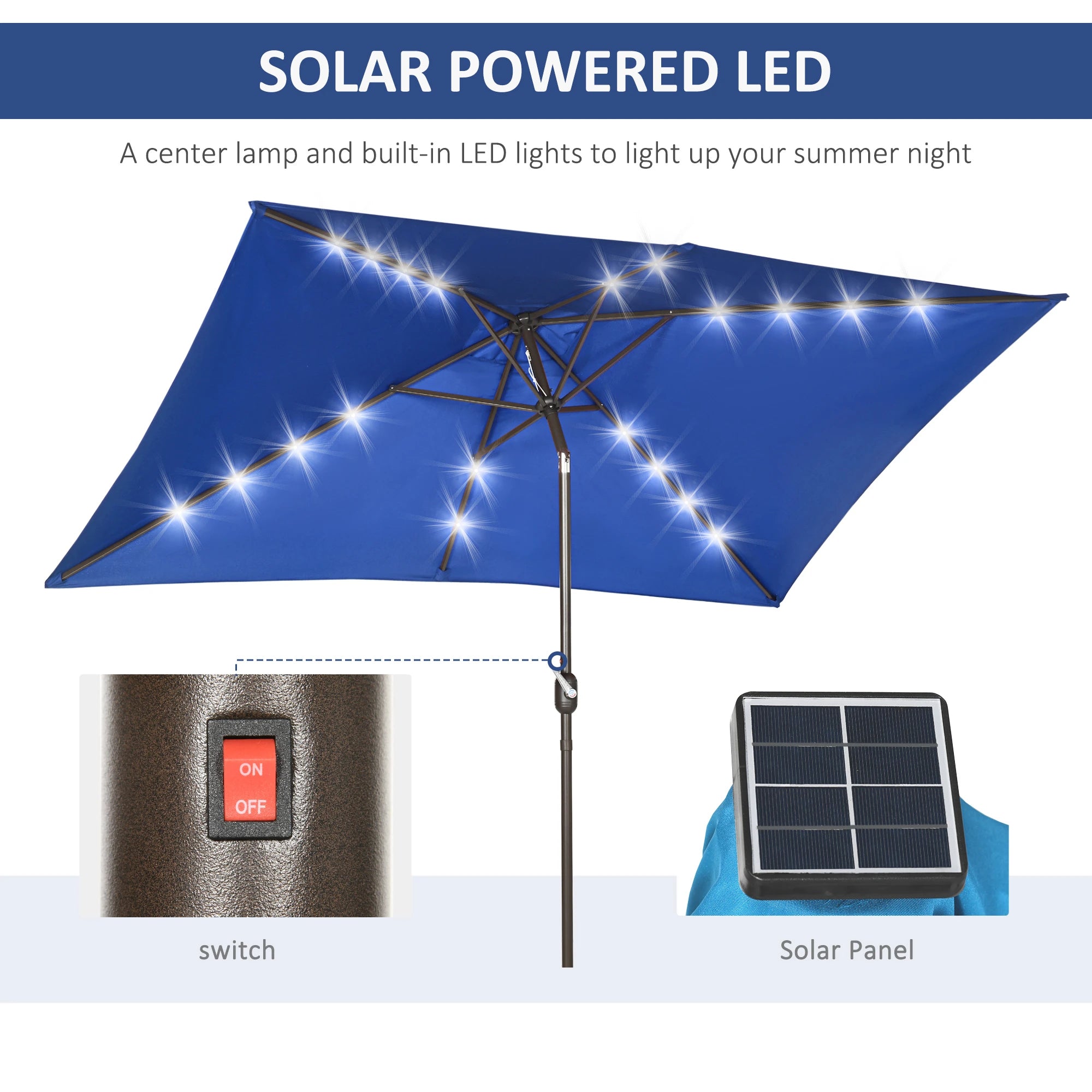 6.5x10ft Rectangle Solar Tilt Umbrella, Aluminum, Dark Blue Sun Umbrellas at Gallery Canada