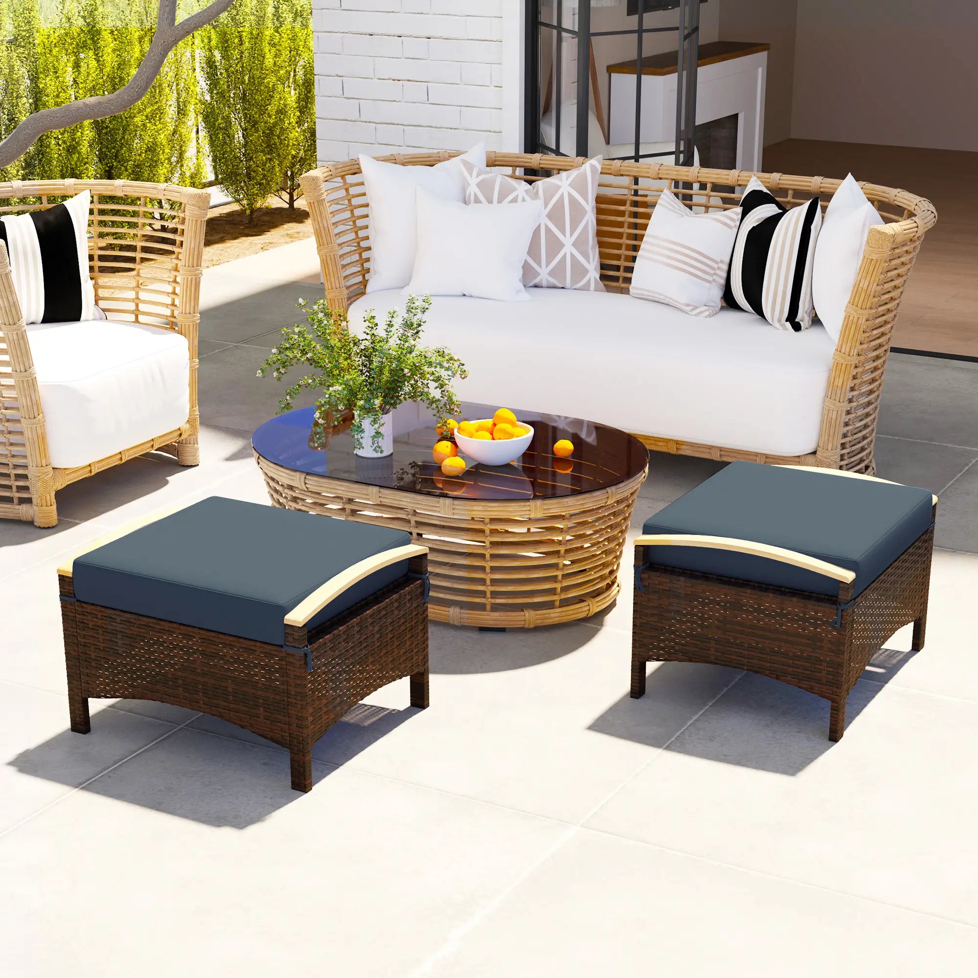 2 Wicker Ottomans, Removable Cushion, Rattan Footstool, Blue Patio Furniture Sets at Gallery Canada