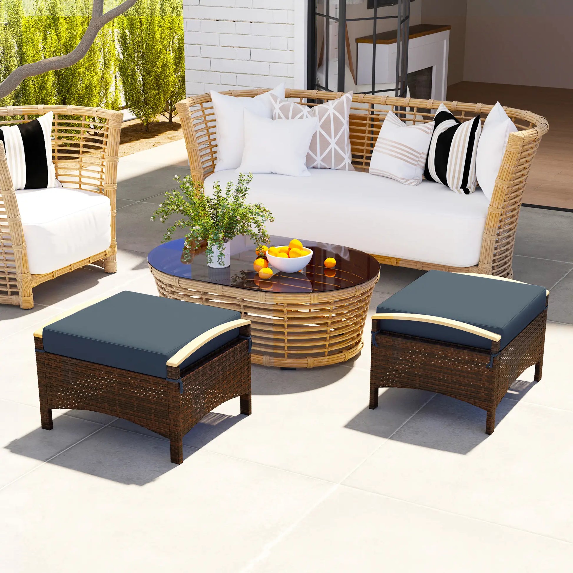 2 Wicker Ottomans, Removable Cushion, Rattan Footstool, Blue Patio Furniture Sets at Gallery Canada