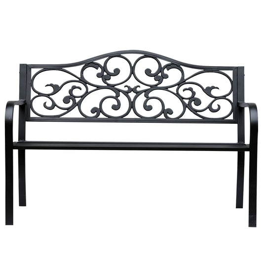 Vintage Floral Cast Metal Garden Bench, 50" x 23.6" x 35", Black Outdoor Benches Black at Gallery Canada
