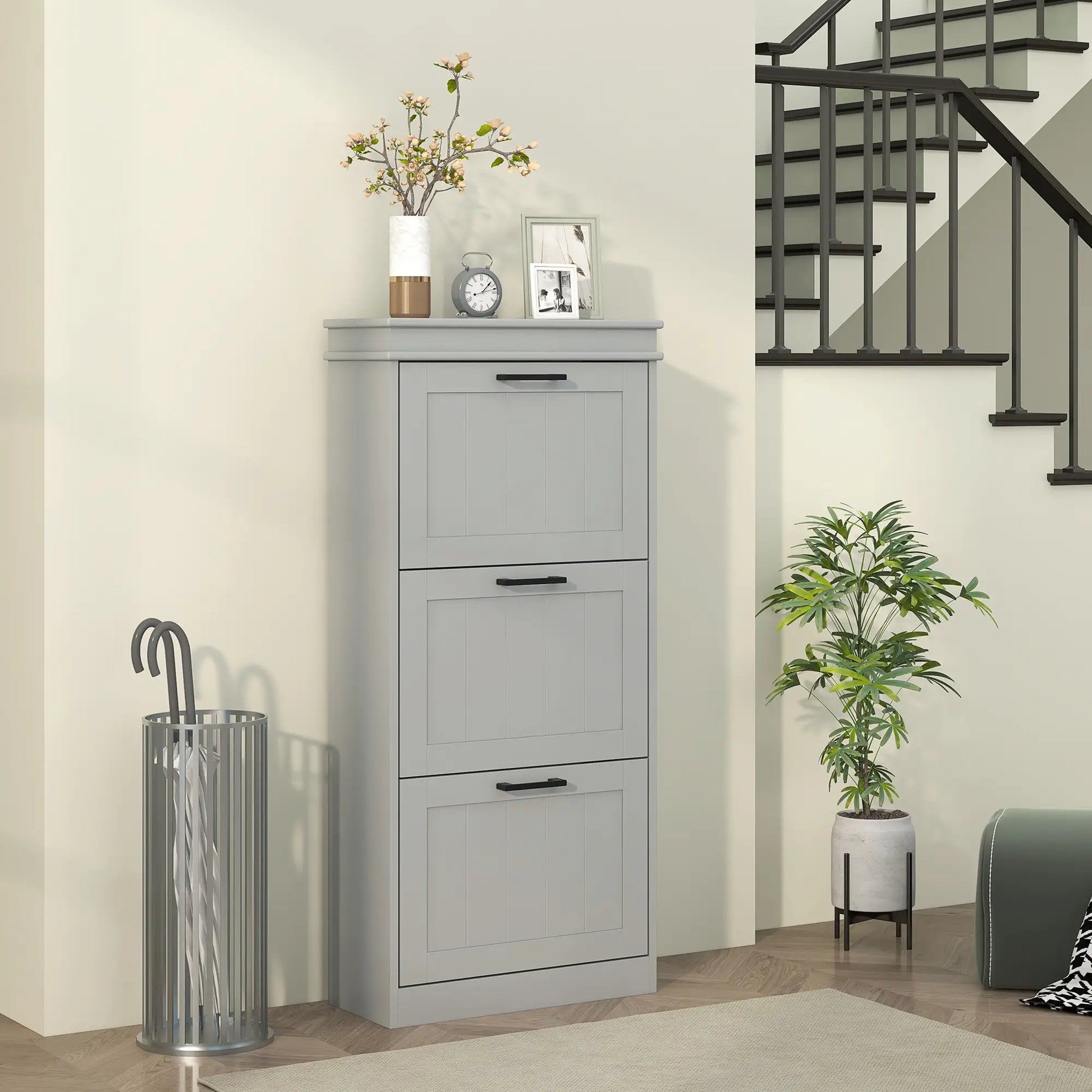 Slim Shoe Cabinet with 3 Flip Drawers and Adjustable Shelves, Narrow Shoe Cabinet for 15 Pairs of Shoes, Grey Shoe Storage Cabinets & Racks at Gallery Canada
