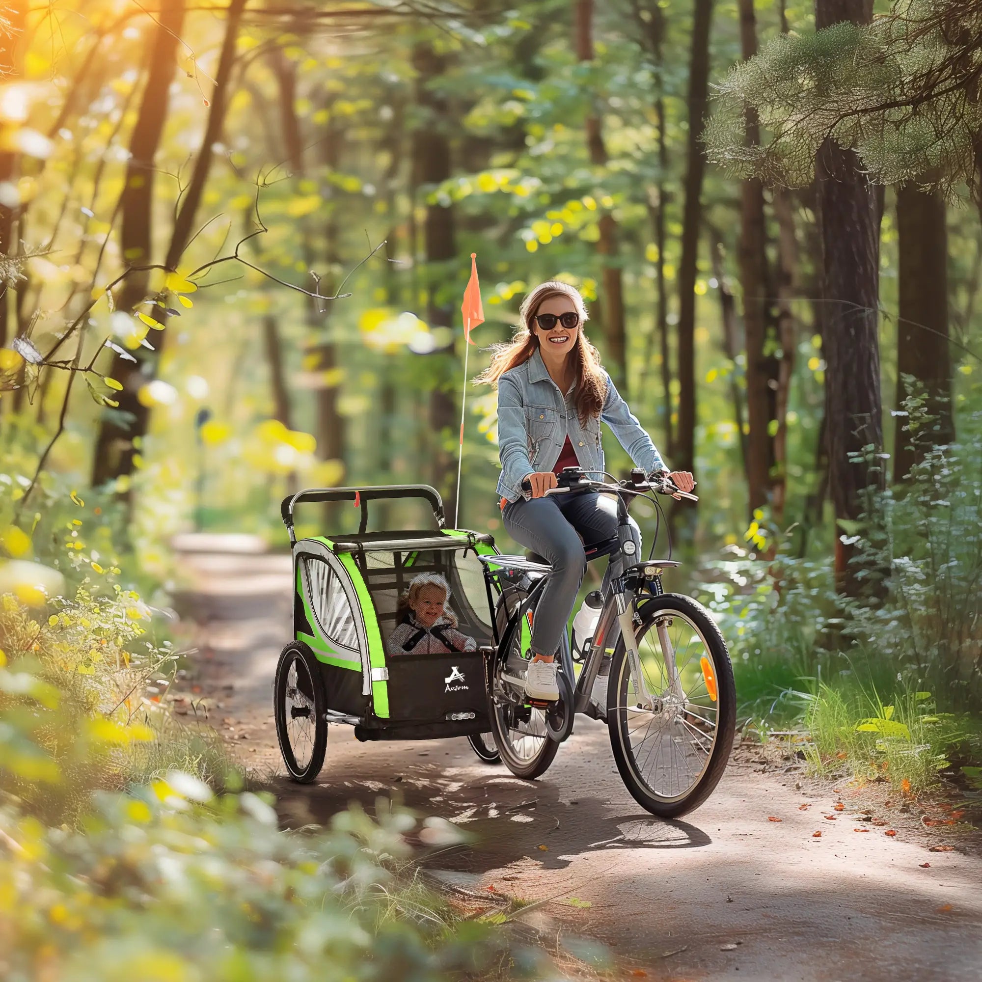 3-in-1 Bike Trailer, Running Stroller, 2 Seats, 5-Point Harness, Storage, Green Kids Bike Trailers at Gallery Canada