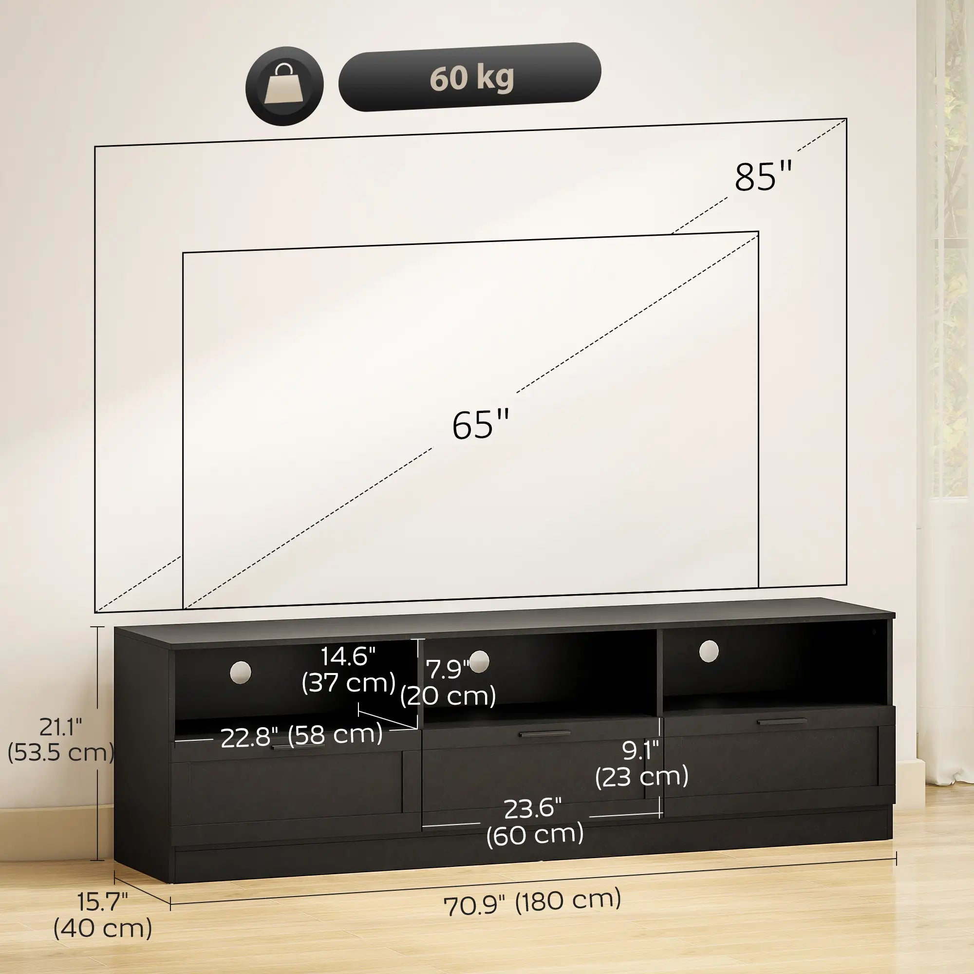 TV Stand with Storage, 3 Cabinets, 3 Shelves, for TVs up to 85