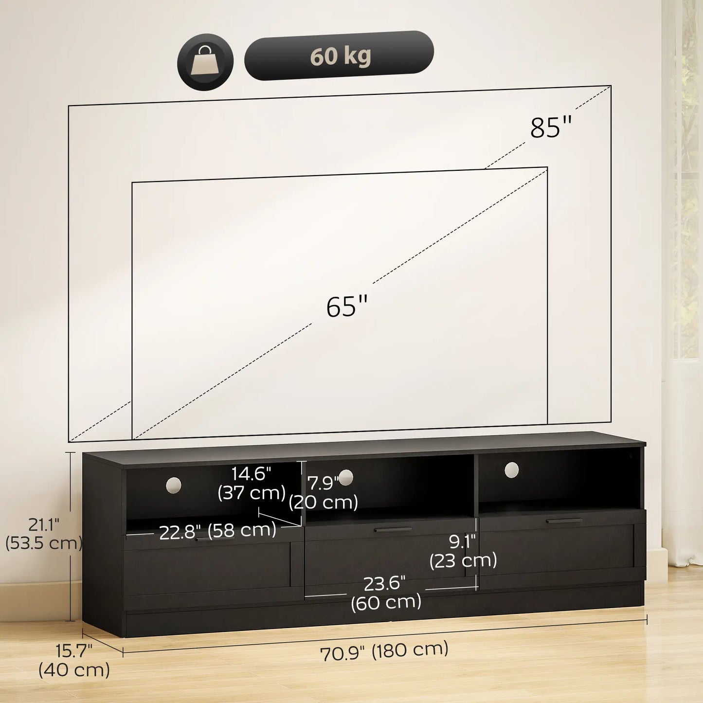 TV Stand with Storage, 3 Cabinets, 3 Shelves, for TVs up to 85", Black TV Stands at Gallery Canada
