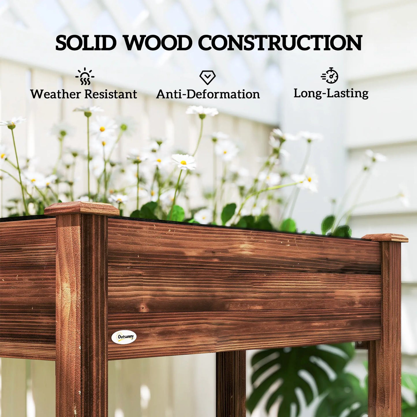 34" x 18" x 30" Wooden Raised Garden Bed Planter, Elevated With Legs, Carbonized