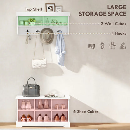 Coat Rack Shoe Bench Set, 8 Storage Cubbies, 4 Hooks, White