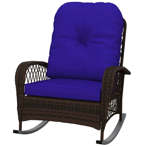 Outdoor Wicker Rattan Rocking Chair, Thick Cushions, Dark Blue