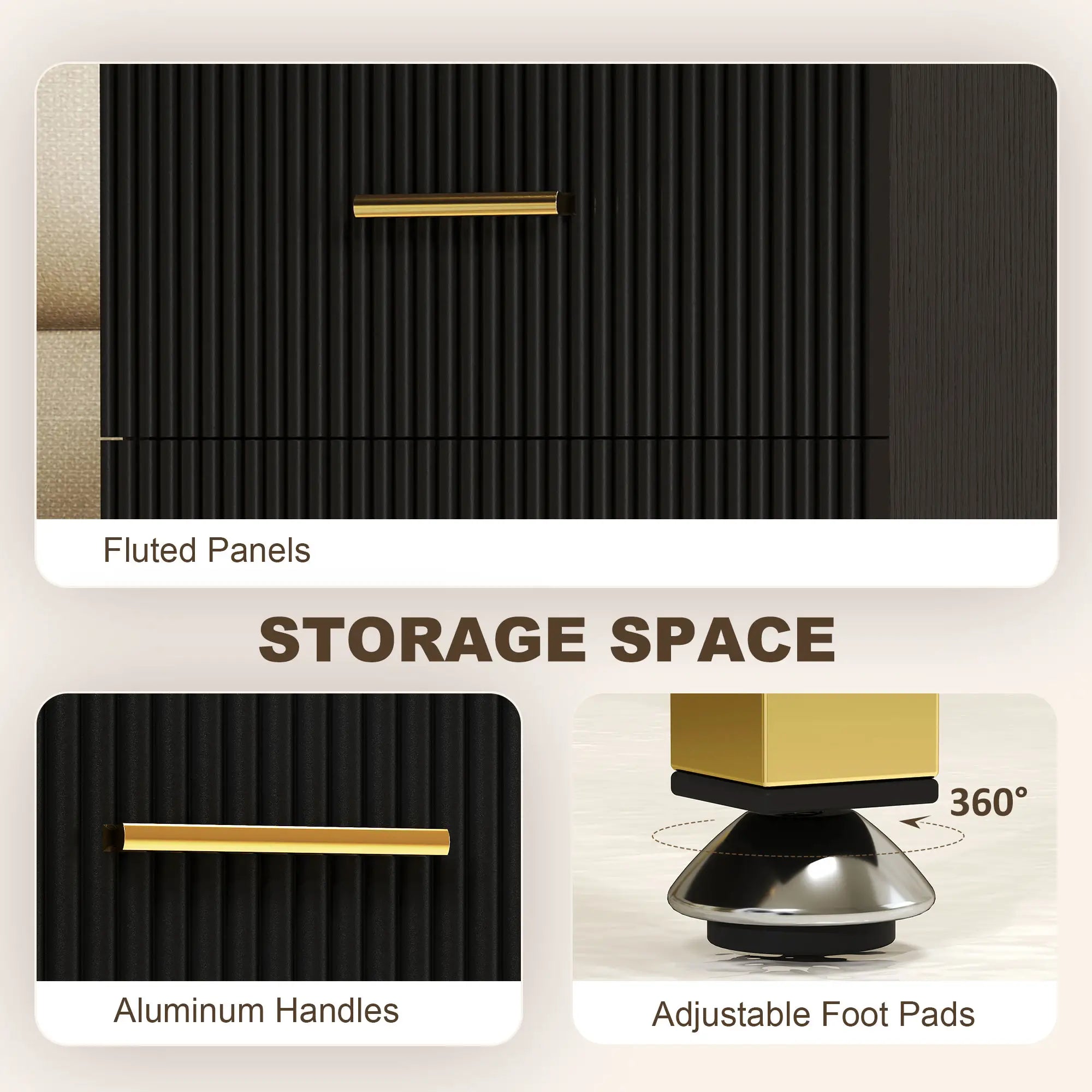 Modern Nightstands With Storage, 2 Fluted Drawers, Gold Legs, Black Bedside Tables at Gallery Canada