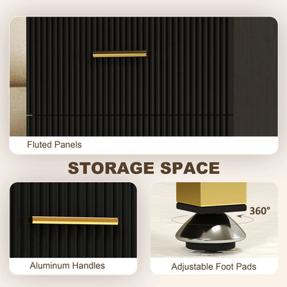 Modern Nightstands With Storage, 2 Fluted Drawers, Gold Legs, Black Bedside Tables at Gallery Canada