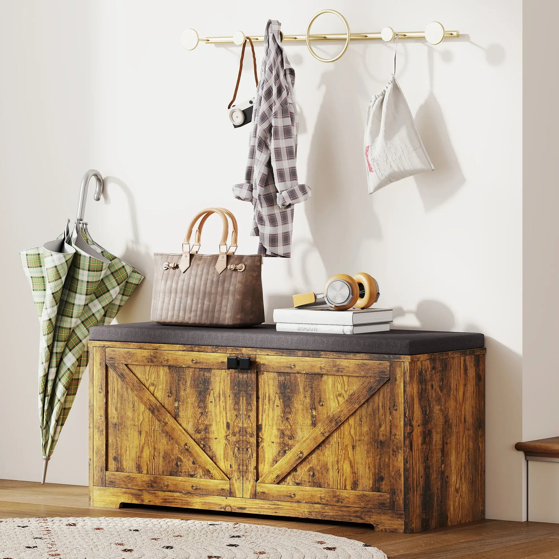 Shoe Storage Bench with Padded Seat, 8 Pairs, Rustic Brown, Brown Shoe Storage Cabinets & Racks at Gallery Canada