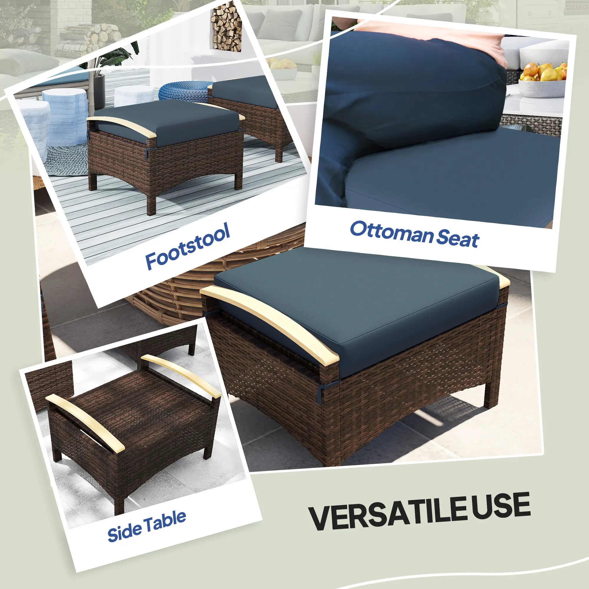 2 Wicker Ottomans, Removable Cushion, Rattan Footstool, Blue Patio Furniture Sets at Gallery Canada