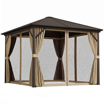 10' x 10' Hardtop Gazebo, Aluminum Canopy, Mosquito Netting, Curtains, Hanging Hook, Brown Gazebos at Gallery Canada