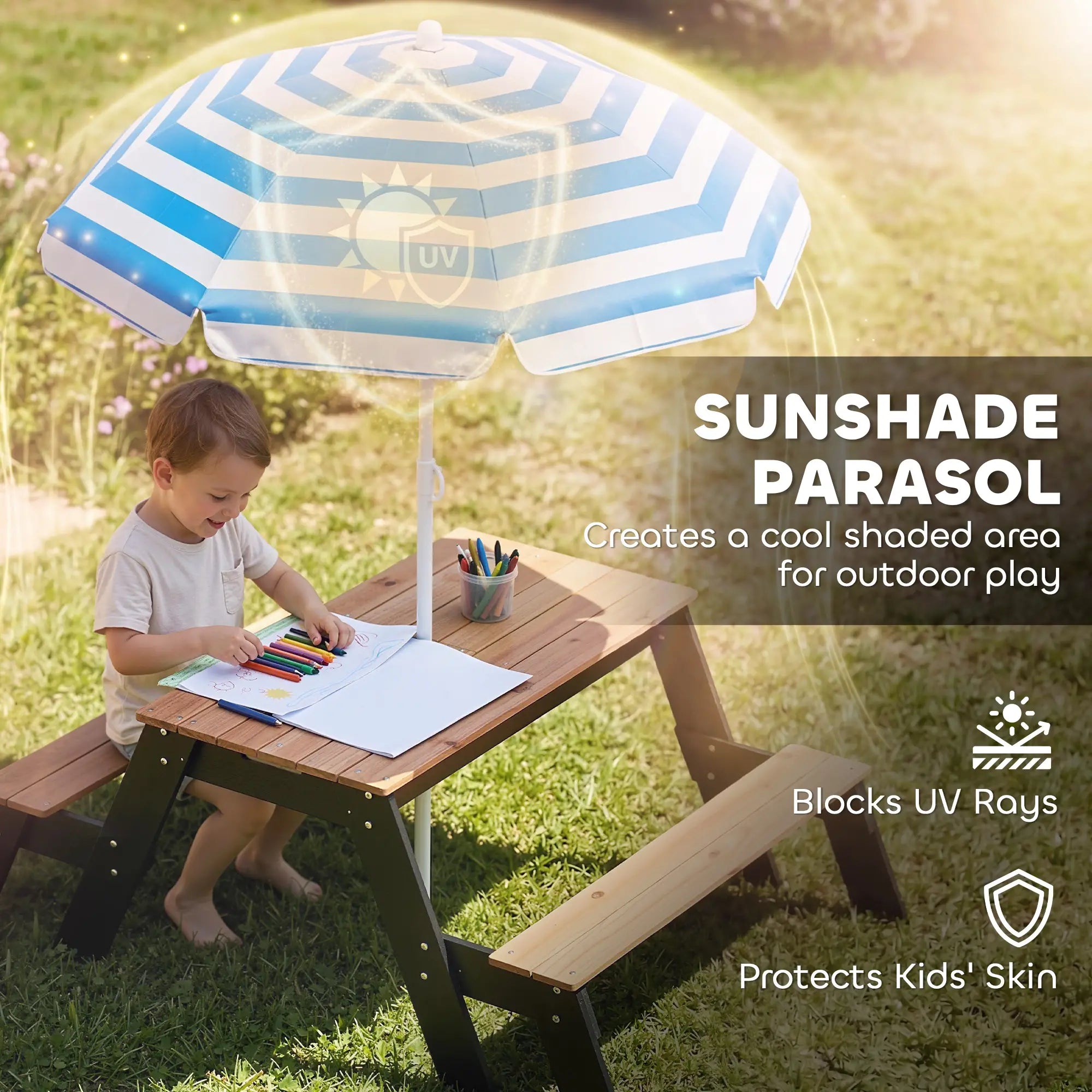 Kids Picnic Table with Umbrella, 3 in 1 Wooden Sand &; Water Table with 2 Hidden Play Boxes for Patio, Ages 3-6 Kids Outdoor Furniture at Gallery Canada