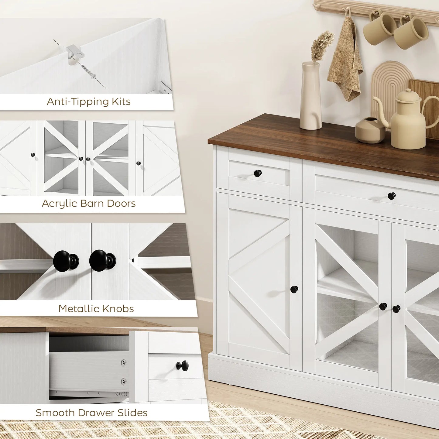 Farmhouse Sideboard Buffet Cabinet, 54", White Wood Grain Storage Cabinets at Gallery Canada