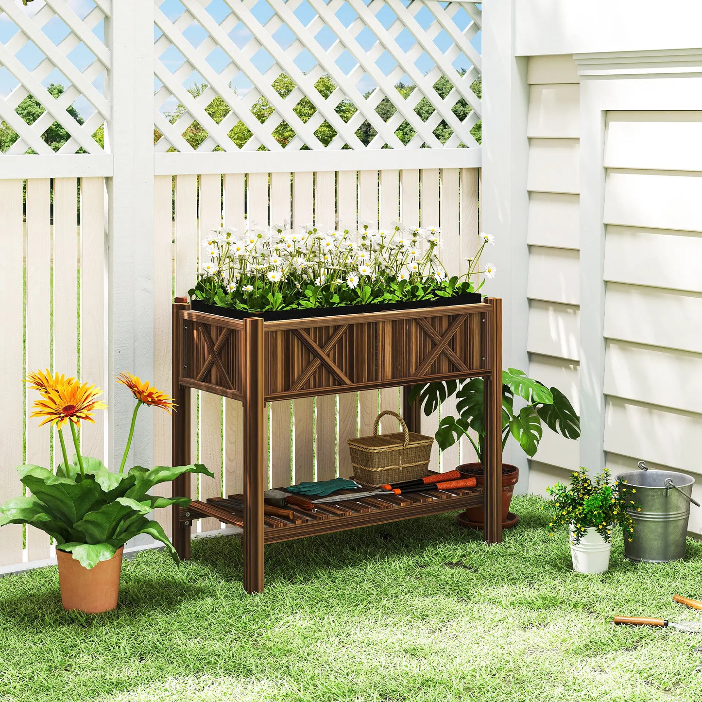 Wooden Raised Garden Bed, Elevated Planter Box, 34"x18"x30", Carbonized Raised Garden Beds at Gallery Canada