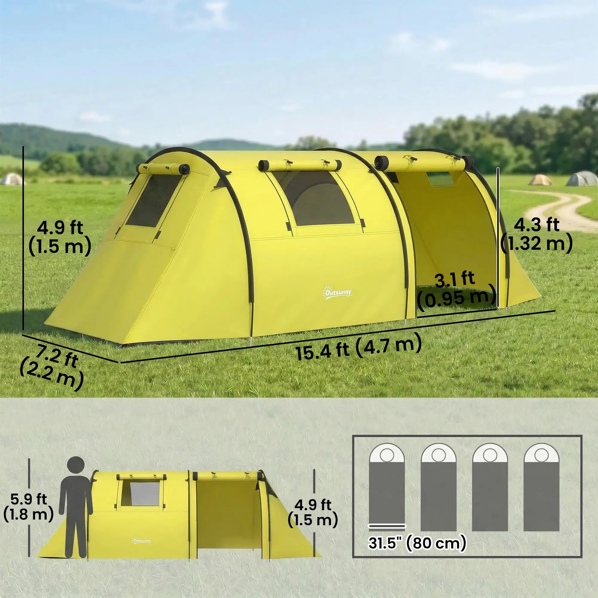 3-4 Person Camping Tent with 2 Rooms, 3000mm Waterproof Portable Family Tent with Carry Bag, Yellow Camping Tents at Gallery Canada