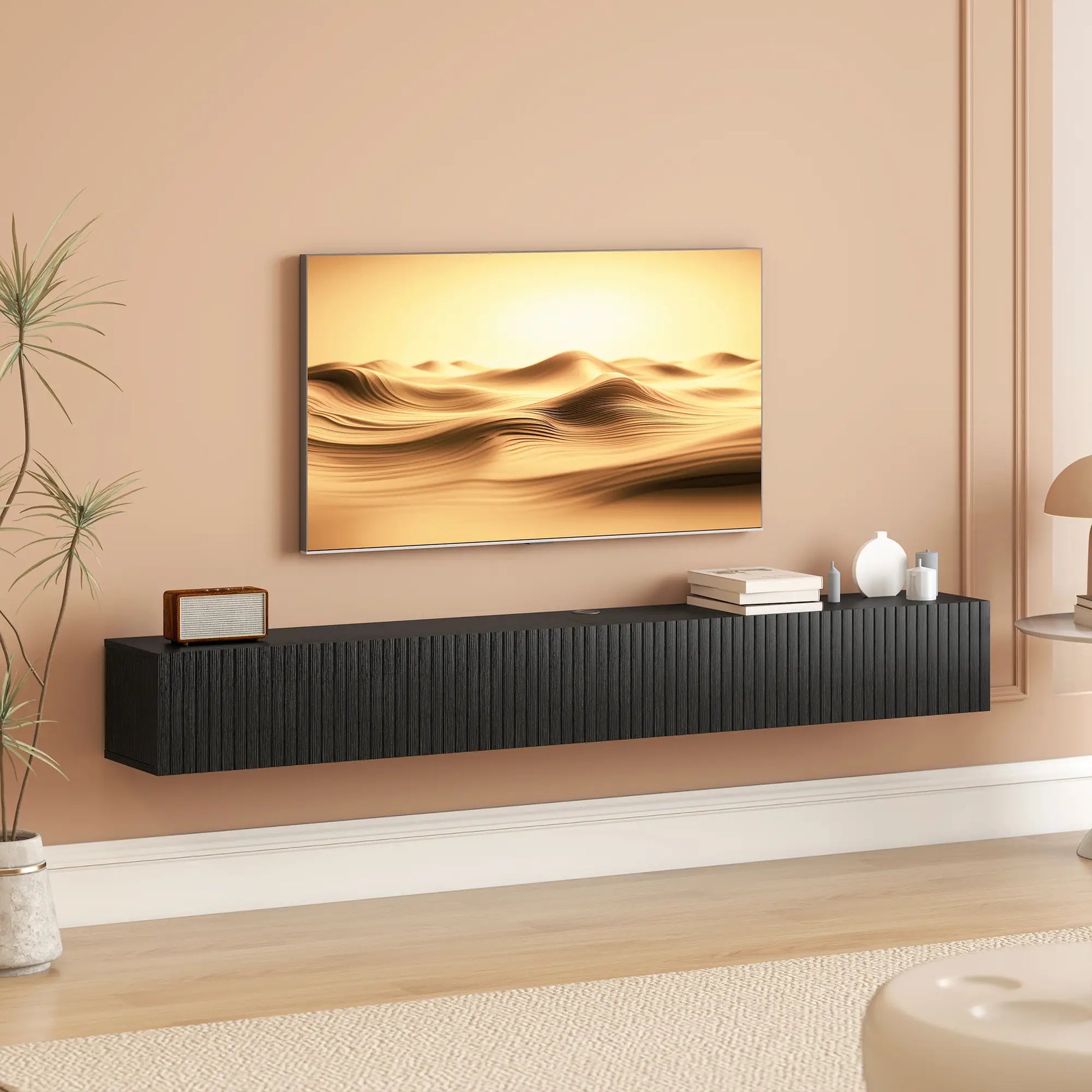 71 Inch Floating TV Stand, Wall Mount Media Console, 2 Fluted Doors, Black TV Stands at Gallery Canada