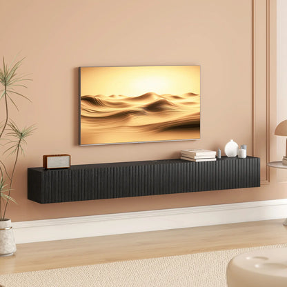 71 Inch Floating TV Stand, Wall Mount Media Console, 2 Fluted Doors, Black TV Stands at Gallery Canada
