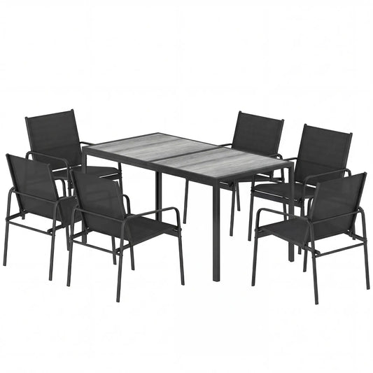 Outdoor Dining Set For 6, Faux Wood Patio Table And Chairs, Black