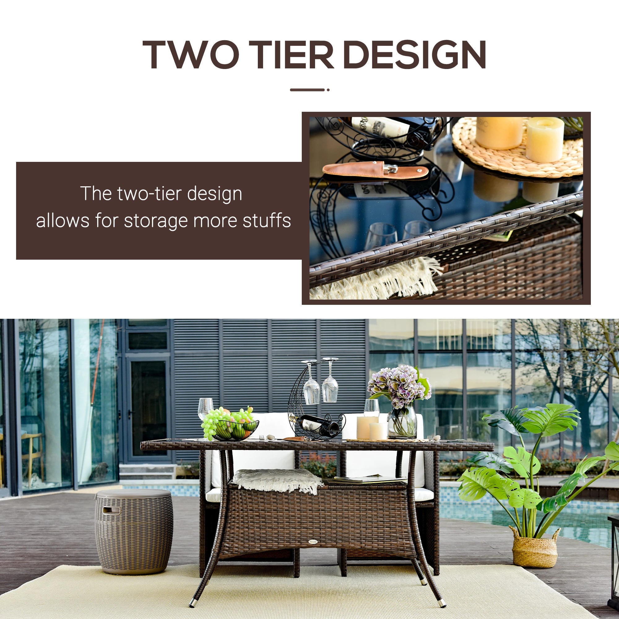 Rattan Dining Table with Glass Top, Storage Shelf, 59