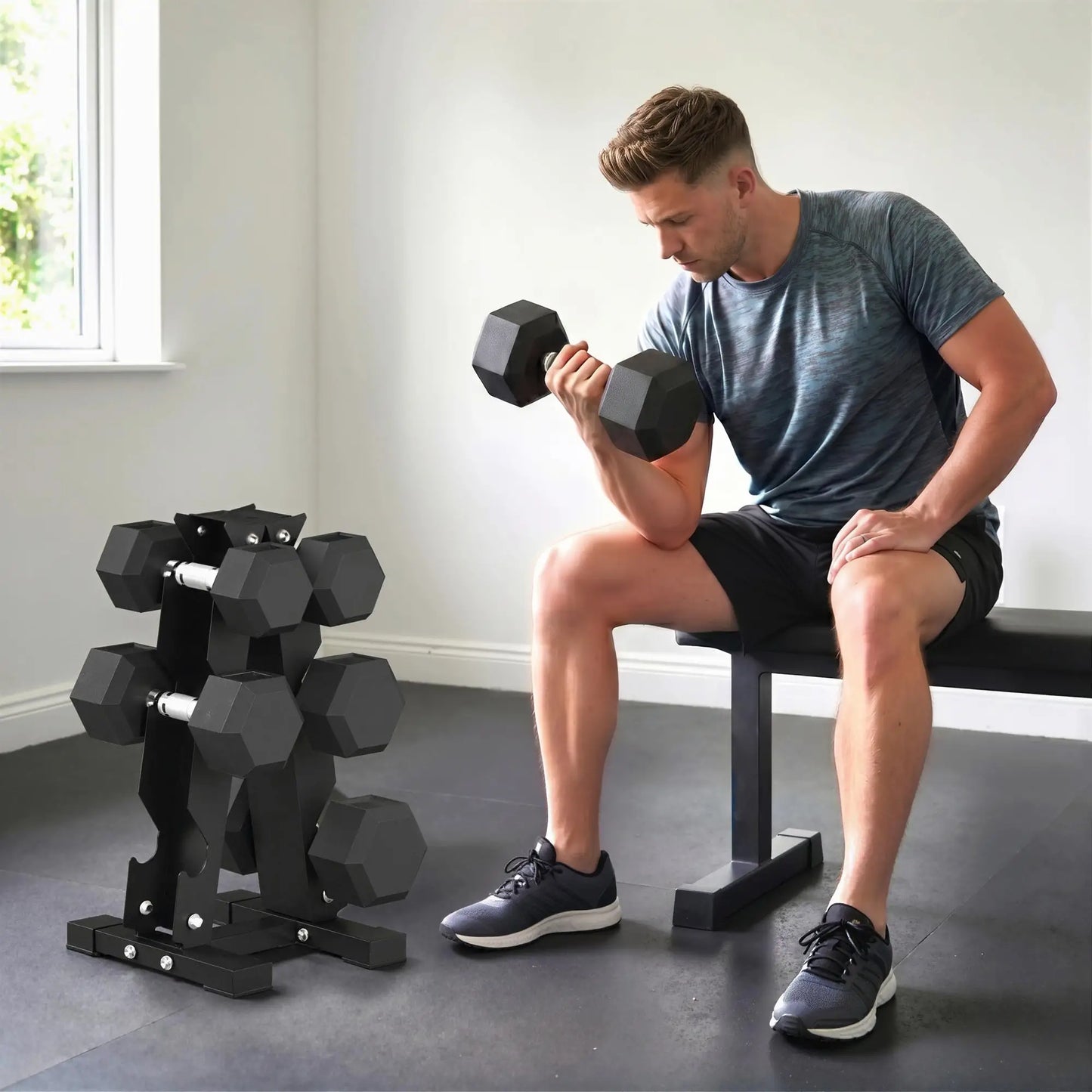 120Lbs Rubber Coated Hex Dumbbell Set With Vertical Rack, Rubber Dumbbells & Barbells at Gallery Canada